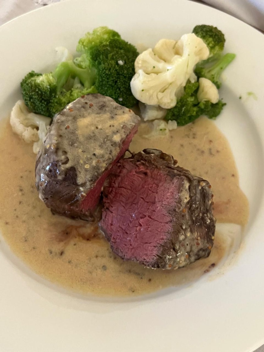 Filet Mignon With Peppercorn Cream Sauce And Steamed Vegetables