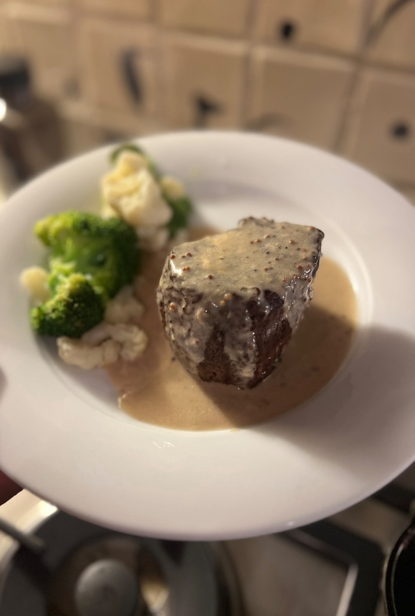 Steak With Mustard Sauce And Steamed Vegetables